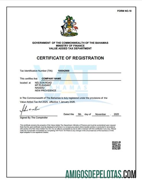 Certificado de registro de IVA das Bahamas para impressão, modelo Word e PDF